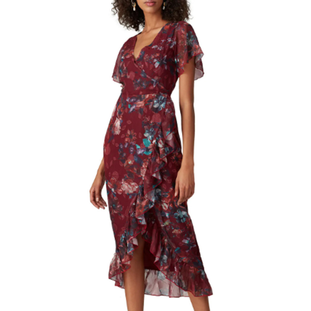Vone Mireya Dress Red Floral Printed Lace Side Flutter Slit US 10 UK 12